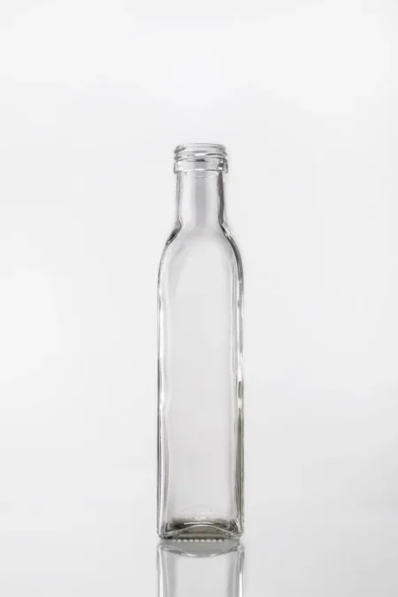 Botella de vidrio Cuadrada 250cc Pico Largo Aceite Vinagre con tapa a rosca o corcho