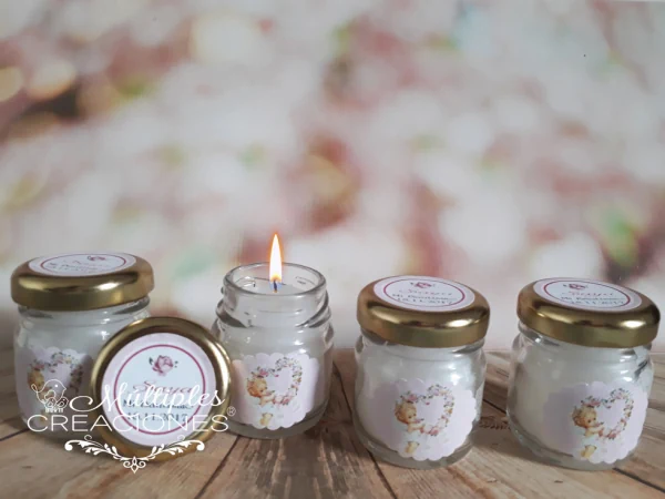 Frasquitos Minidulce Redondo de 40cc decorados para souvenir con velas de soja