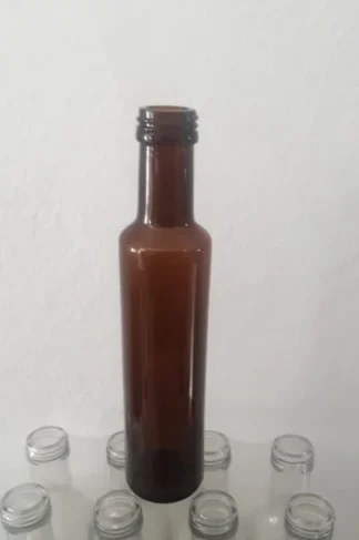 Botella de vidrio color ámbar Cilíndrica de 250cc ideal para aceite y vinagre con boca alí de 30mm